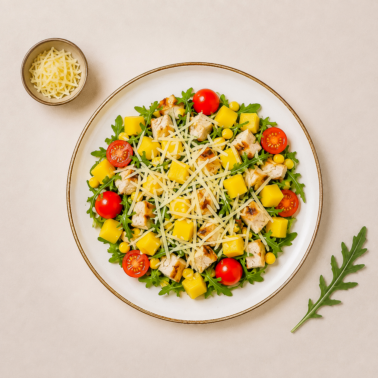 Salata cu pui, mango, avocado, porumb si parmesan